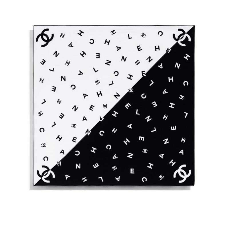 Chanel Multi Letters Square Silk Scarf Black White