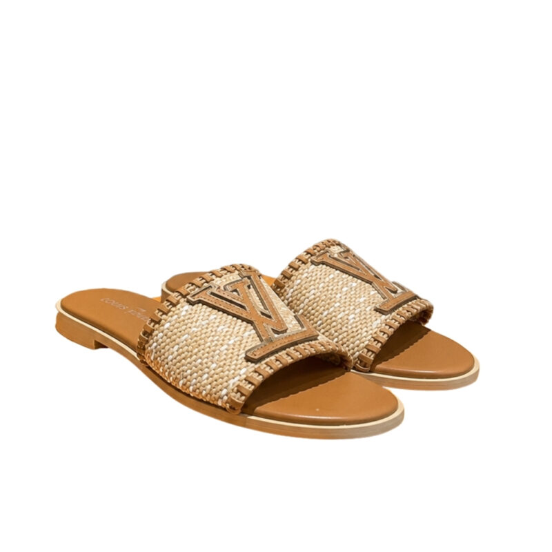 Louis Vuitton Lock It Flat Raffia Mules Brown