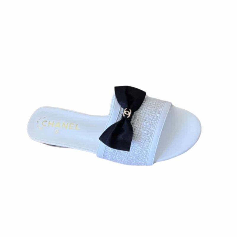 Chanel Grosgrain Ribbon Bow Flat Sandal Tweed White