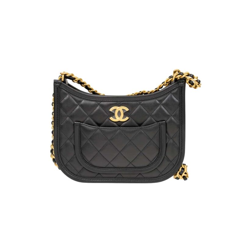 Chanel Hobo Handbag Gold Tone Metal Black 23Cm As4666