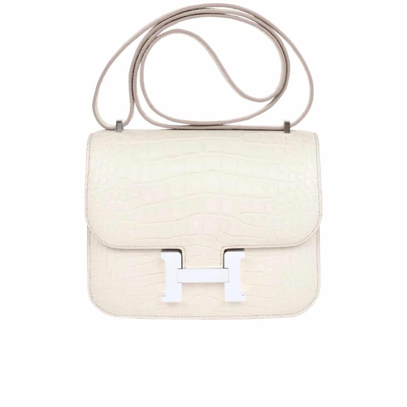 Hermès Mini Constance 19 Shiny Alligator Palladium Hardware White 19Cm
