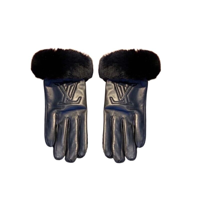 Louis Vuitton Leather Gloves Lv Embroidery With Fur Black