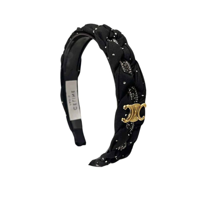 Celine Tweed An Sequin Headband With Gold Hardware In Black