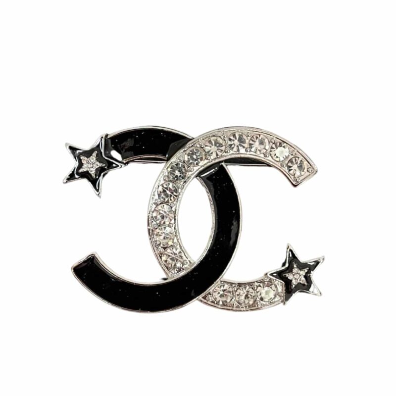 Chanel Cc Brooch Silver And Black With Two Small Stars