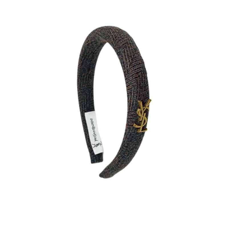 Saint Laurent Small Ysl Tweed Headband With Gold Hardware In Dark Grey
