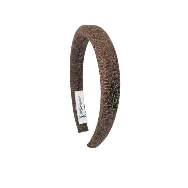 Saint Laurent Small Ysl Tweed Headband With Gold Hardware In Dark Brown