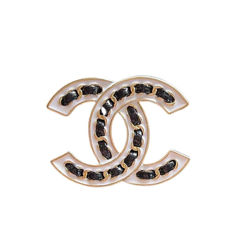 Chanel Cc Brooch White With Black Interwoven Chain Pattern