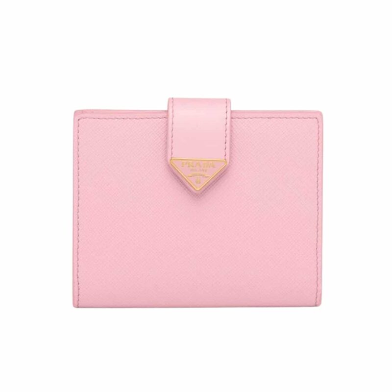 Prada Saffiano Leather Vertical Short Wallet Flap Triangle Logo Pink 10Cm