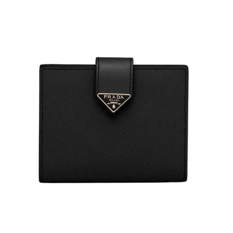 Prada Saffiano Leather Vertical Short Wallet Flap Triangle Logo Black 10Cm