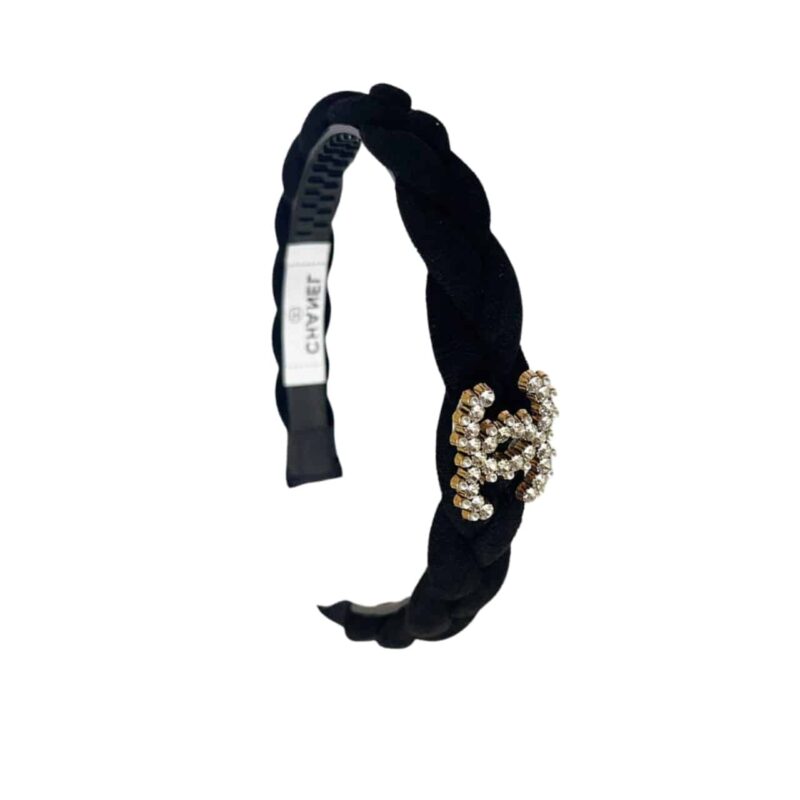 Chanel Cc Velvet Headband With Gold Hardware In Black
