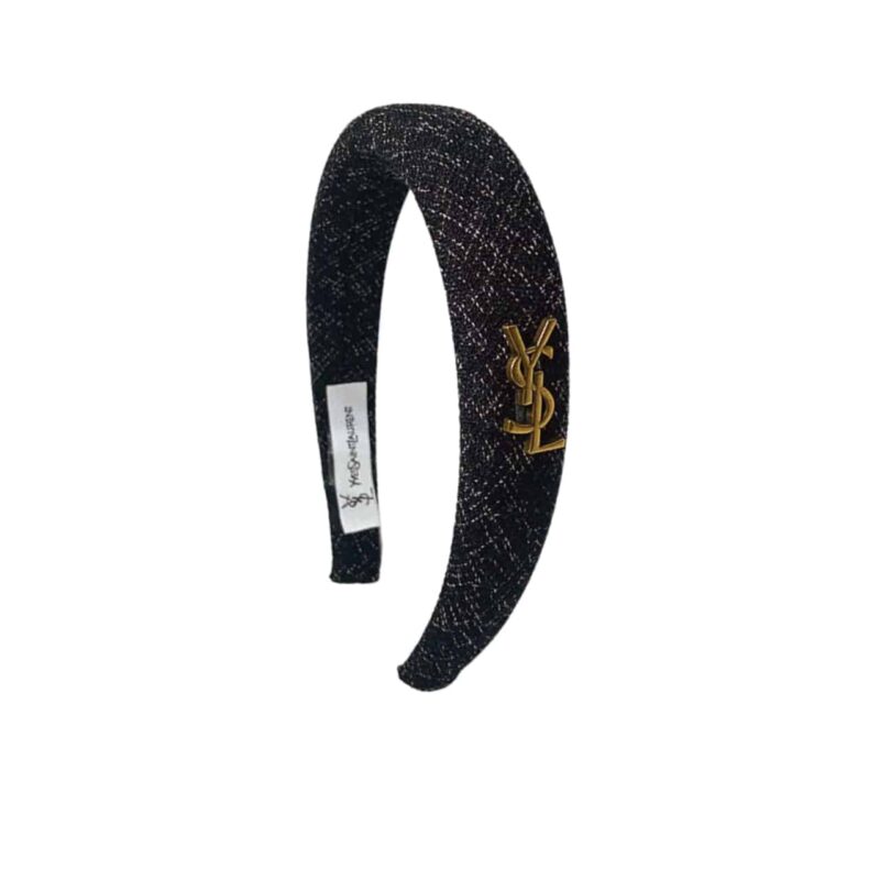 Saint Laurent Ysl Tweed Headband With Gold Hardware In Dark Grey