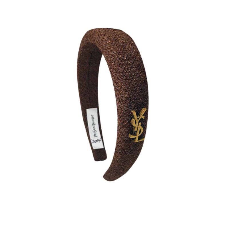 Saint Laurent Ysl Tweed Headband With Gold Hardware In Dark Brown