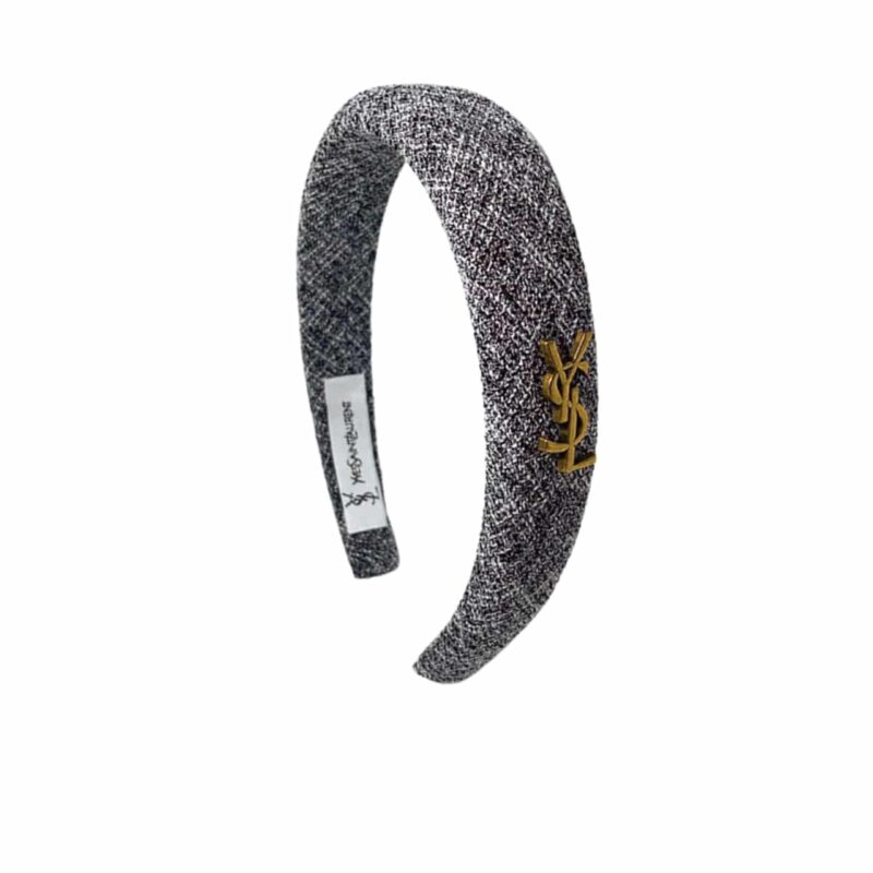 Saint Laurent Ysl Tweed Headband With Gold Hardware In Light Grey