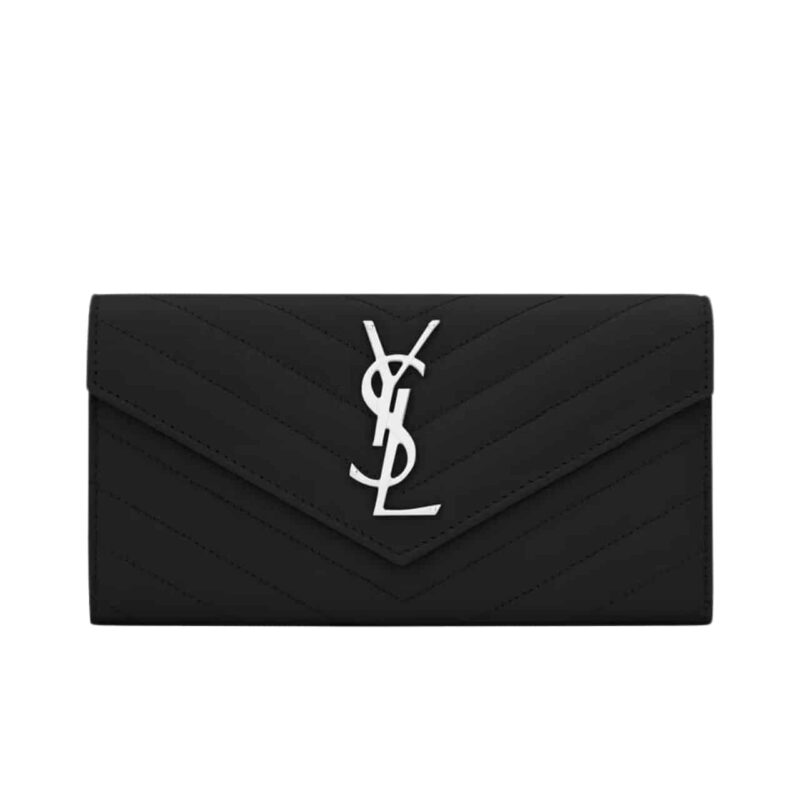 Saint Laurent Cassandre Matelassé Large Flap Wallet In Grain De Poudre Leather Silver Black 19Cm 372264BOW021000