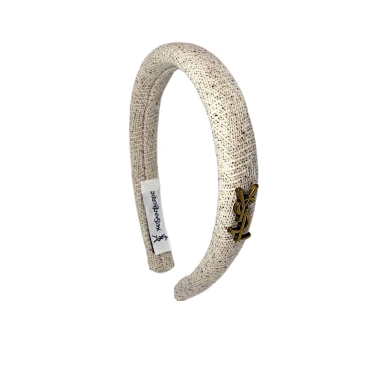 Saint Laurent Small Ysl Tweed Headband With Gold Hardware In White