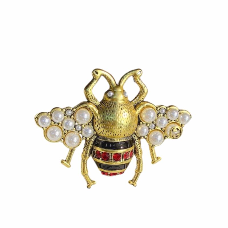 Gucci Gg Black And Red Bee Brooch Gold With Pearl