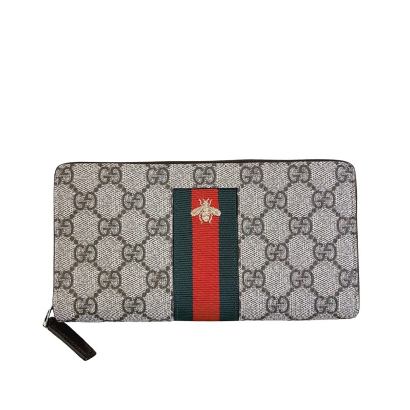 Gucci Supreme Canvas Bee Leather Wallet Long Round Zipper Web Beige Ebony 21Cm