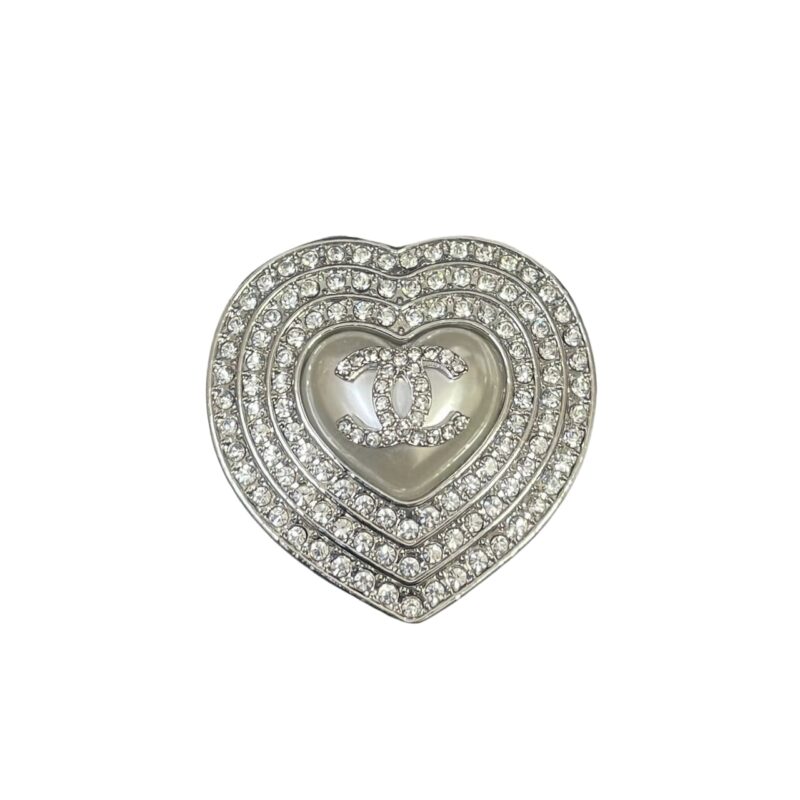 Chanel Cc Heart Brooch Silver With Pearl Heart