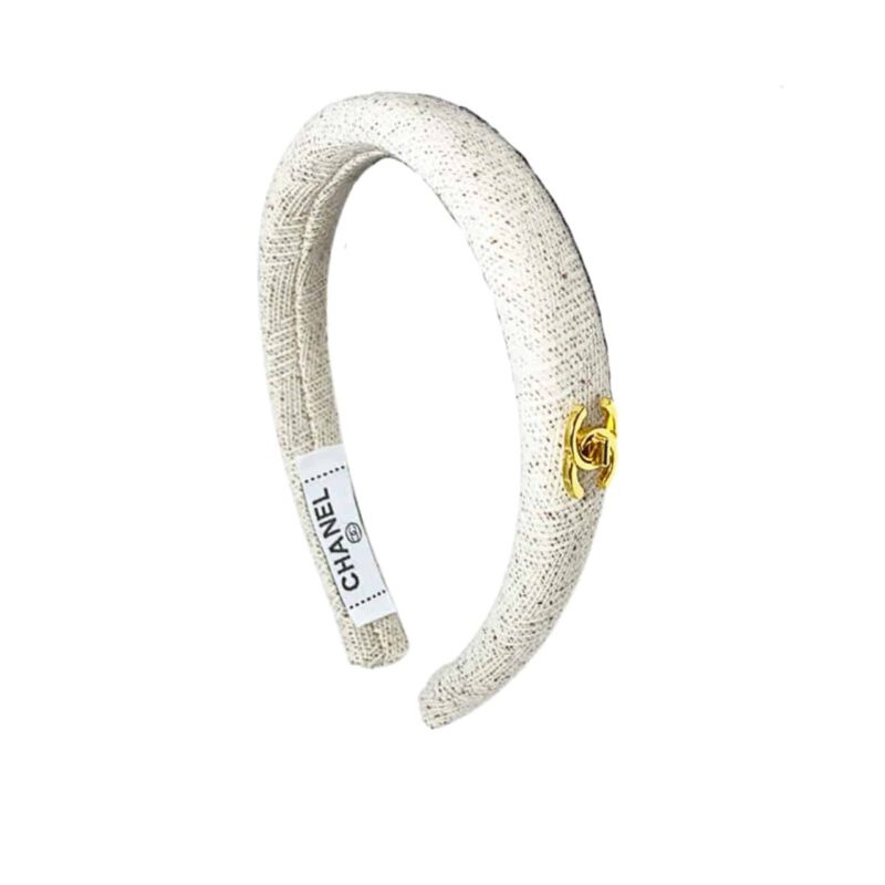 Chanel Small Cc Tweed Headband With Gold Hardware In White
