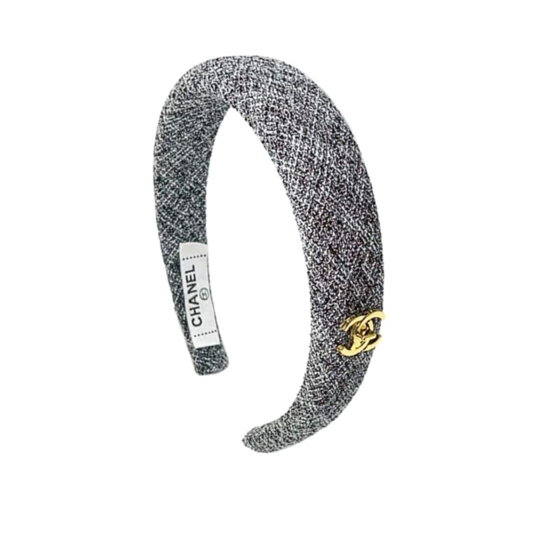 Chanel Cc Tweed Headband With Gold Hardware Grey