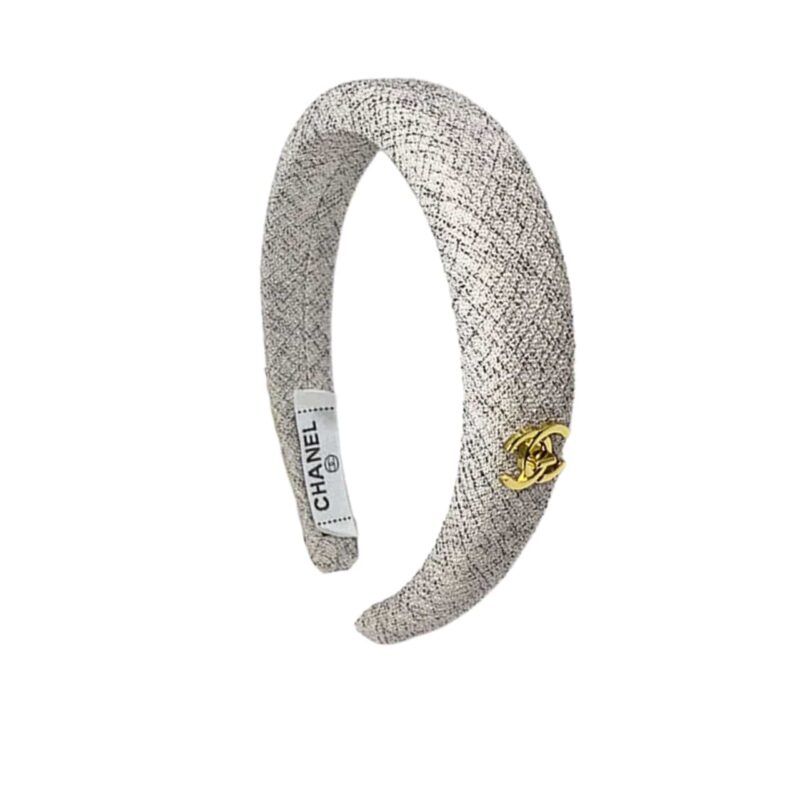 Chanel Cc Tweed Headband With Gold Hardware In Salt And Pepper