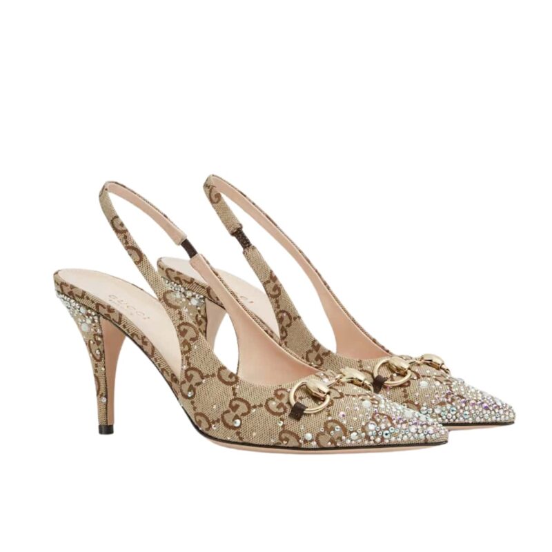 Gucci Women'S Horsebit Pump Gg Canvas Beige And Dark Brown 812176 Fad21 2549