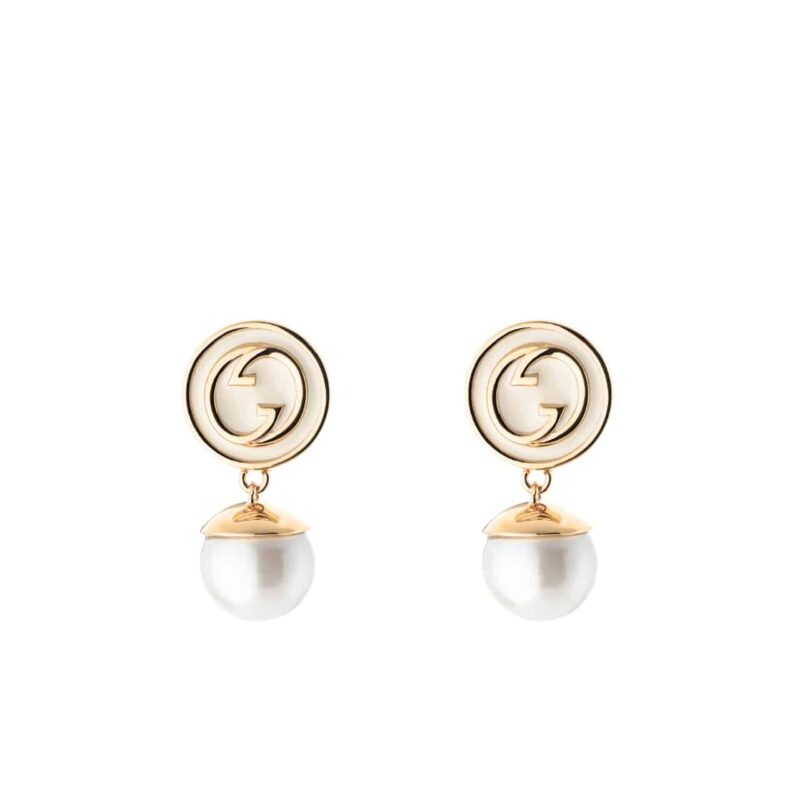 Gucci Blondie Pearl Drop Earrings Gold Tone 774612 I9757 8495