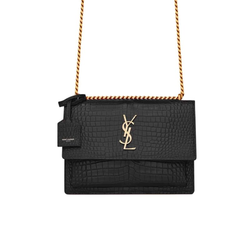 Saint Laurent Sunset Medium In Crocodile Embossed Leather Black 22Cm 442906Dnd0J1000