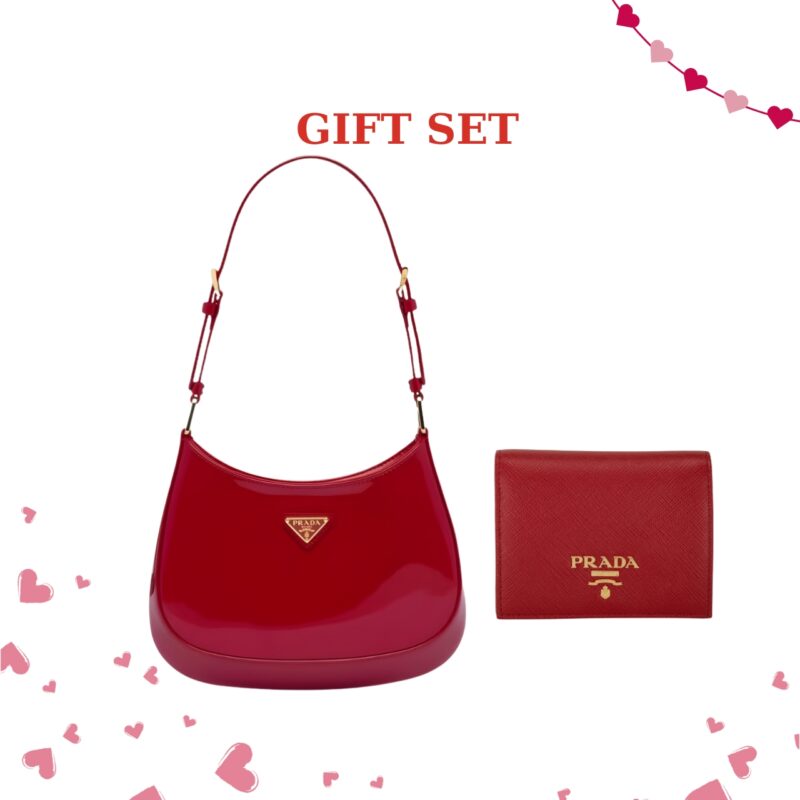 GIFT SET: PRADA CLEO BAG CHERRY RED & SAFFIANO SMALL WALLET RED