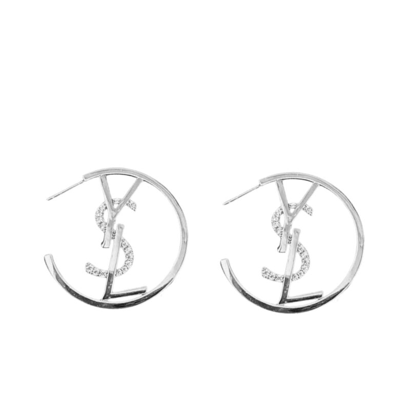 Saint Laurent Ysl Hoop Earrings With Crystal Silver Tone
