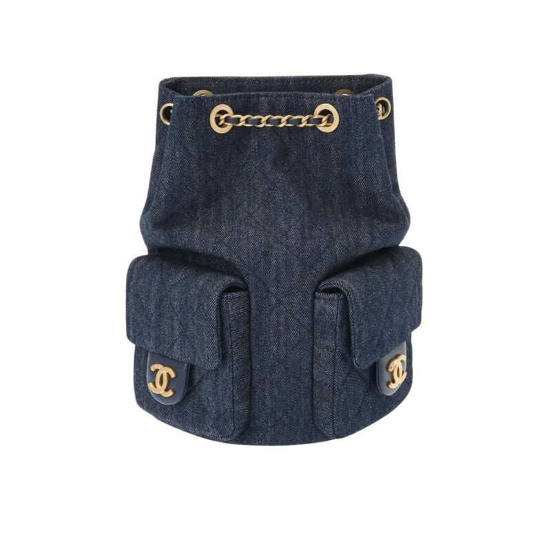 Chanel 25C Gold Tone Metal Denim Backpack Navy Blue 24Cm