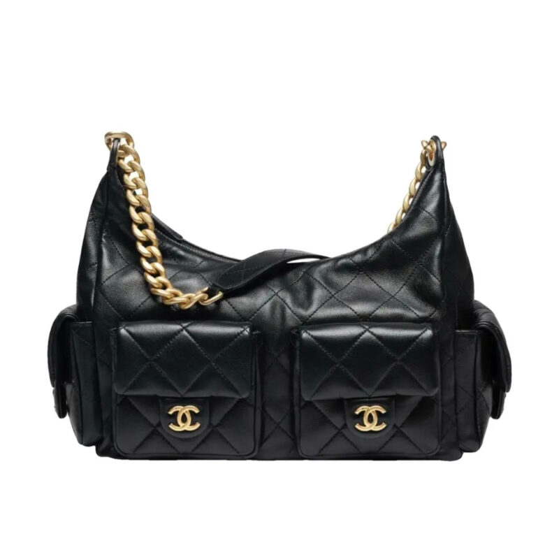 Chanel Maxi Hobo Bag Gold Tone Metal Black 25Cm