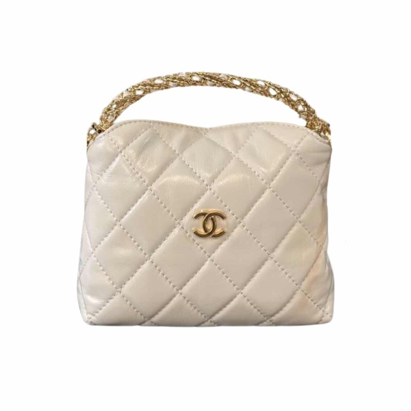 Chanel 24B Hobo Metal Handle Lunch Box Bag In Beige 19Cm