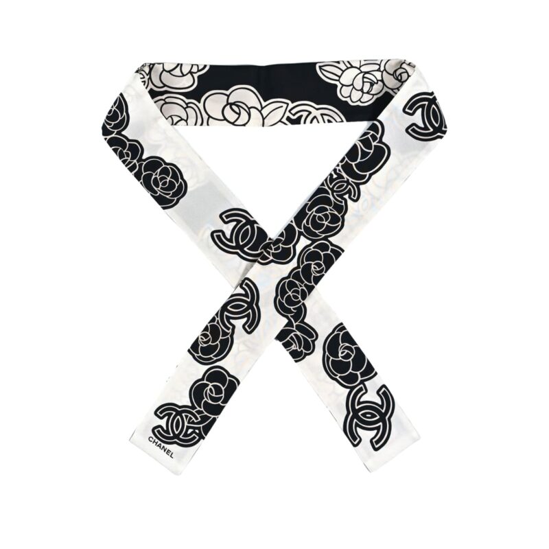 Chanel Silk Cc Camellia Slim Bandeau Ecru Black 120Cm