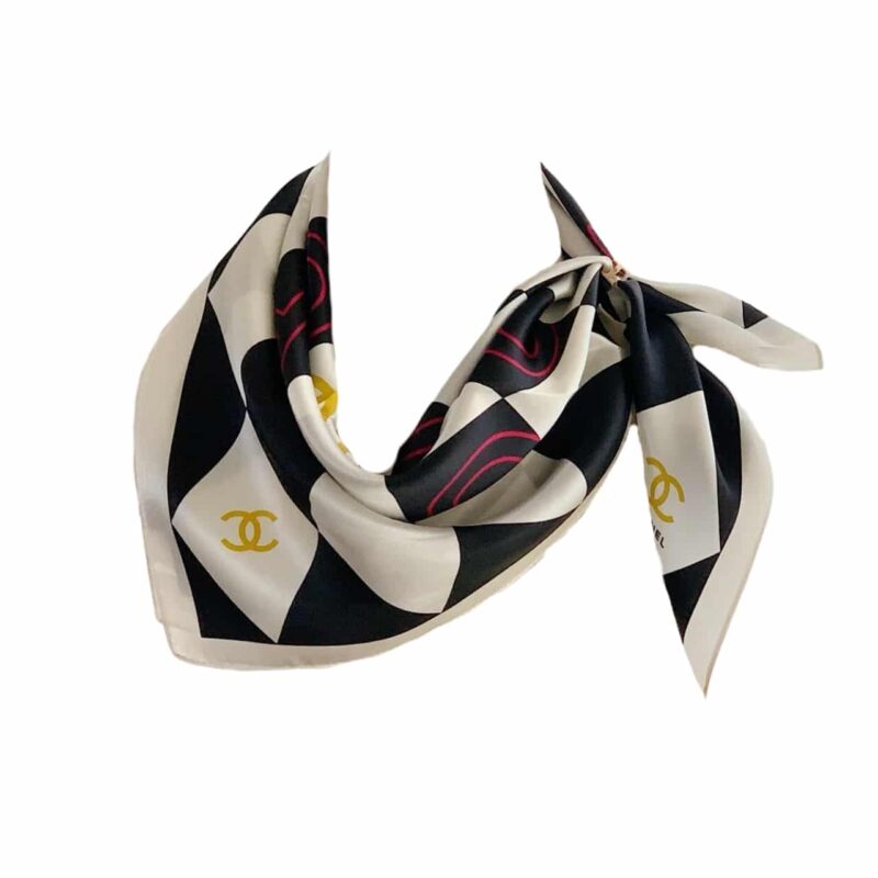 Chanel Coco Caro Silk Scarf In White And Black 70Cm