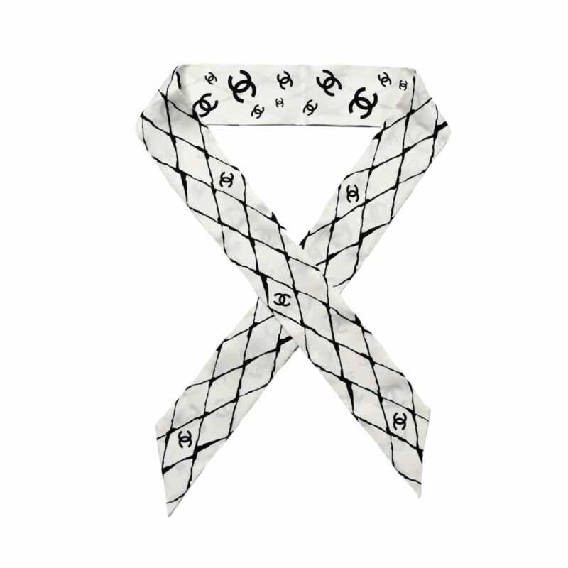 Chanel Silk Cc Slim Bandeau Scarf White 120Cm