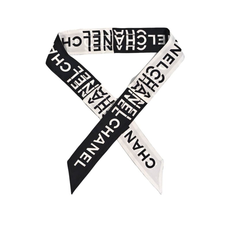 Chanel Silk Logo Slim Bandeau Scarf Black And White 120Cm
