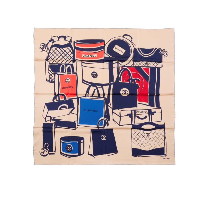 Chanel Luggage Print Silk Scarf Cream 90Cm