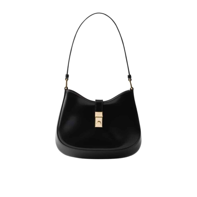 Prada Cleo Brushed Leather Shoulder Bag With Clasp Closure Black 26Cm 1Bc169 Zo6 F0632 V Meo