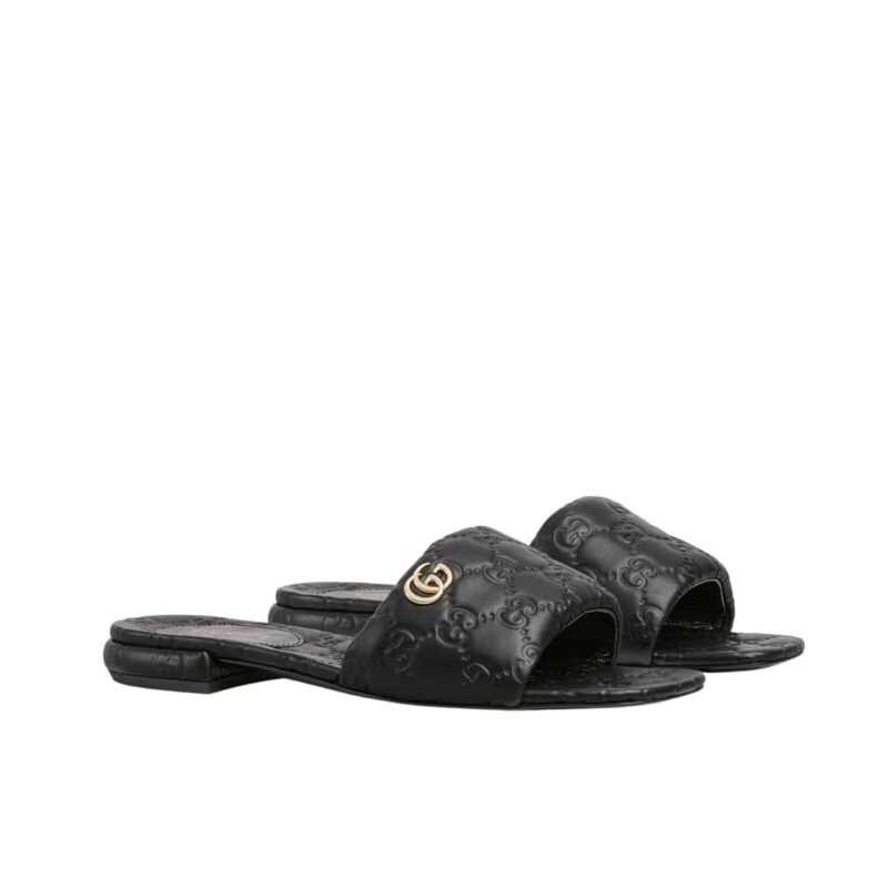 Gucci Women Slide Sandal With Double G Black 816330 Aaea2 1000
