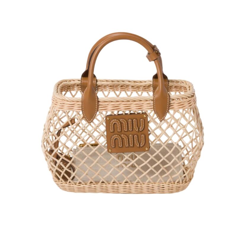 Miumiu Woven Fabric Handbag Tan And Caramel 25Cm 5Ba286 2Cqv F0Kfz V Ooo