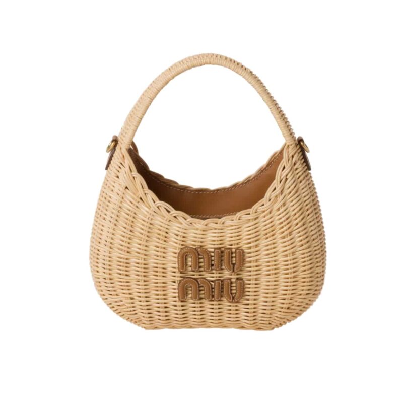Miumiu Wander Wicker Hobo Bag Tan And Caramel 13Cm 5Bc125 2Bvu F0Kfz V Ooo