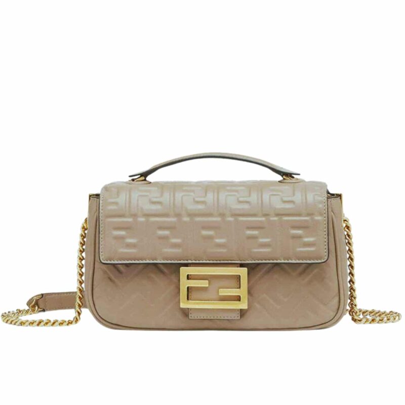 Fendi Baguette Chain Midi Leather Bag Beige With Ff Motif 24Cm
