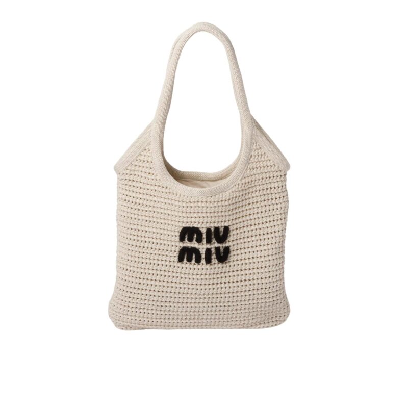 Miumiu Raffia Effect Yarn And Cotton Tote Bag Chalk White And Black 36Cm 5Bg231 2Cqy F0N13 V Mro