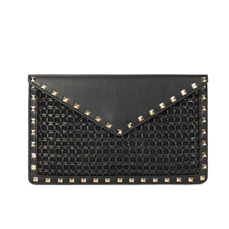 Valentino Garavani Rockstud Raffia Clutch Bag In Black 28Cm