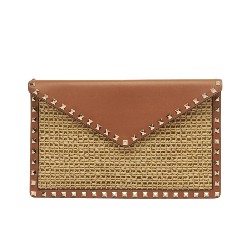 Valentino Garavani Rockstud Raffia Clutch Bag In Brown 28Cm