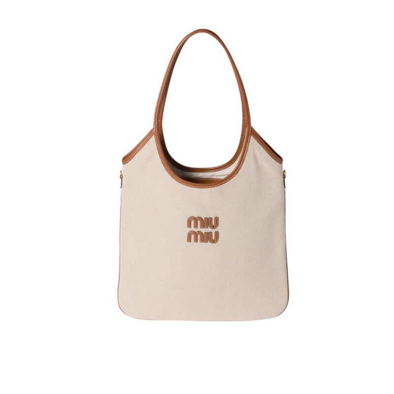 Miumiu Medium Ivy Canvas And Leather Bag Beige And Brandy 35Cm 5BG231 ACRN F062F V MLF