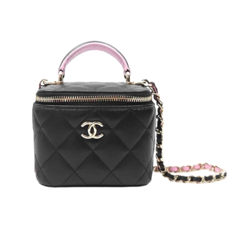 Chanel Mini Top Handle Vanity With Chain Black And Pink 10Cm