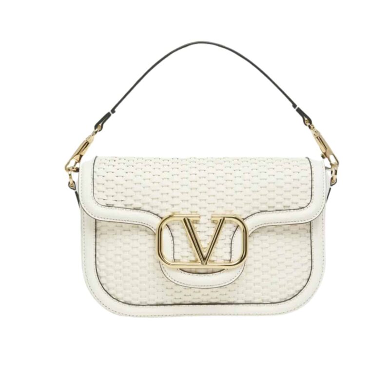 Valentino Garavani Alltime Vlogo Woven Leather Shoulder Bag White 22Cm