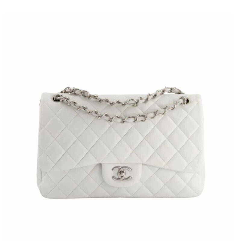 Chanel Classic Double Flap Bag White Silver Hardware 25Cm